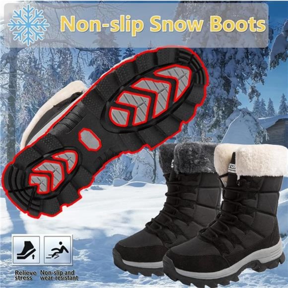 Women's Snow Boots Fur Lined Lace up Mid Calf Anti-Slip Winter Boots, Black/Gray - Picture 4 of 7